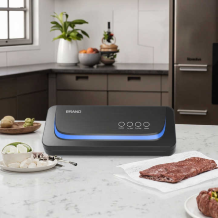 The food vacuum sealing machine touchscreen is automatic for high-quality home use, equipped with a vacuum roll bag storage compartment and a bag cutting machine