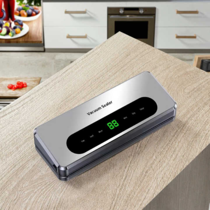 The home vacuum food sealer features a high-quality automatic touchscreen, equipped with a vacuum roll bag storage compartment and a bag cutter