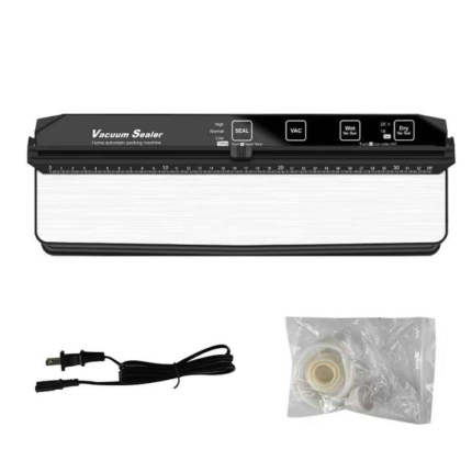 The touchscreen food vacuum sealing machine is automatic for high-quality household use, equipped with vacuum roll bag storage compartments and a bag cutting machine